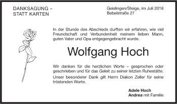 Traueranzeige von Wolfgang Hoch von Geislinger Zeitung