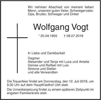 Traueranzeige von Wolfgang Vogt von SÜDWEST PRESSE Ausgabe Ulm/Neu-Ulm