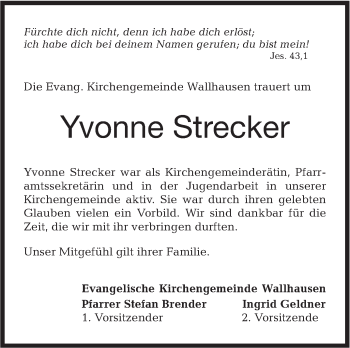 Traueranzeige von Yvonne Strecker von Hohenloher Tagblatt