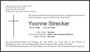 Traueranzeige von Yvonne Strecker von Hohenloher Tagblatt