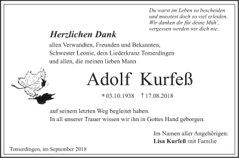 Traueranzeige von Adolf Kurfeß von SÜDWEST PRESSE Ausgabe Ulm/Neu-Ulm