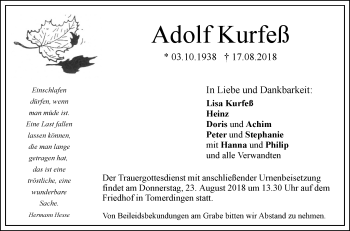 Traueranzeige von Adolf Kurfeß von SÜDWEST PRESSE Ausgabe Ulm/Neu-Ulm