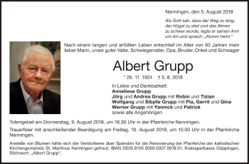 Traueranzeige von Albert Grupp von NWZ Neue Württembergische Zeitung/Geislinger Zeitung