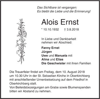 Traueranzeige von Alois Ernst von SÜDWEST PRESSE Ausgabe Ulm/Neu-Ulm