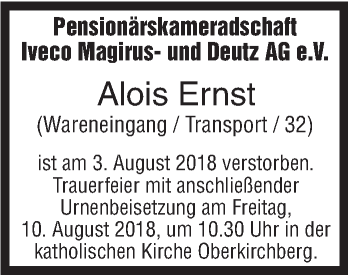 Traueranzeige von Alois Ernst von SÜDWEST PRESSE Ausgabe Ulm/Neu-Ulm