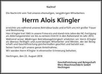 Traueranzeige von Alois Klingler von Hohenzollerische Zeitung