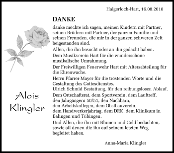 Traueranzeige von Alois Klingler von Hohenzollerische Zeitung