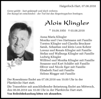 Traueranzeige von Alois Klingler von Hohenzollerische Zeitung