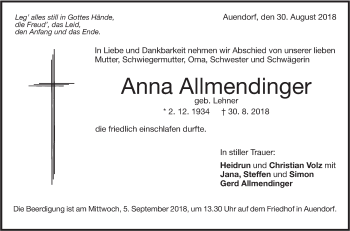 Traueranzeige von Anna Allmendinger von NWZ Neue Württembergische Zeitung/Geislinger Zeitung