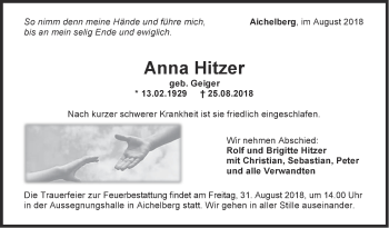 Traueranzeige von Anna Hitzer von NWZ Neue Württembergische Zeitung