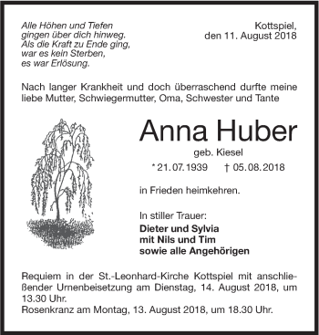 Traueranzeige von Anna Huber von Haller Tagblatt