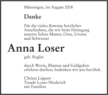 Traueranzeige von Anna Loser von Alb-Bote/Metzinger-Uracher Volksblatt