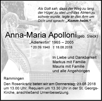 Traueranzeige von Anna-Maria Apolloni von SÜDWEST PRESSE Ausgabe Ulm/Neu-Ulm