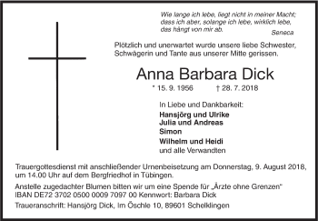 Traueranzeige von Anna Barbara Dick von SÜDWEST PRESSE