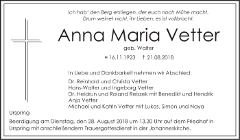 Traueranzeige von Anna Maria Vetter von SÜDWEST PRESSE Ausgabe Ulm/Neu-Ulm