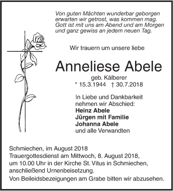 Traueranzeige von Anneliese Abele von Ehinger Tagblatt