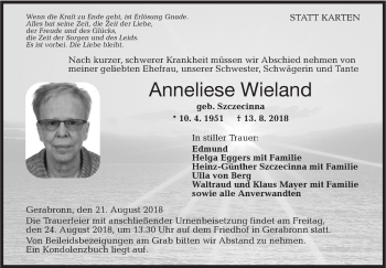 Traueranzeige von Anneliese Wieland von Hohenloher Tagblatt