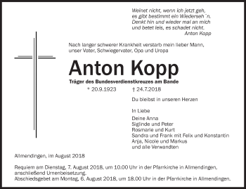 Traueranzeige von Anton Kopp von Ehinger Tagblatt