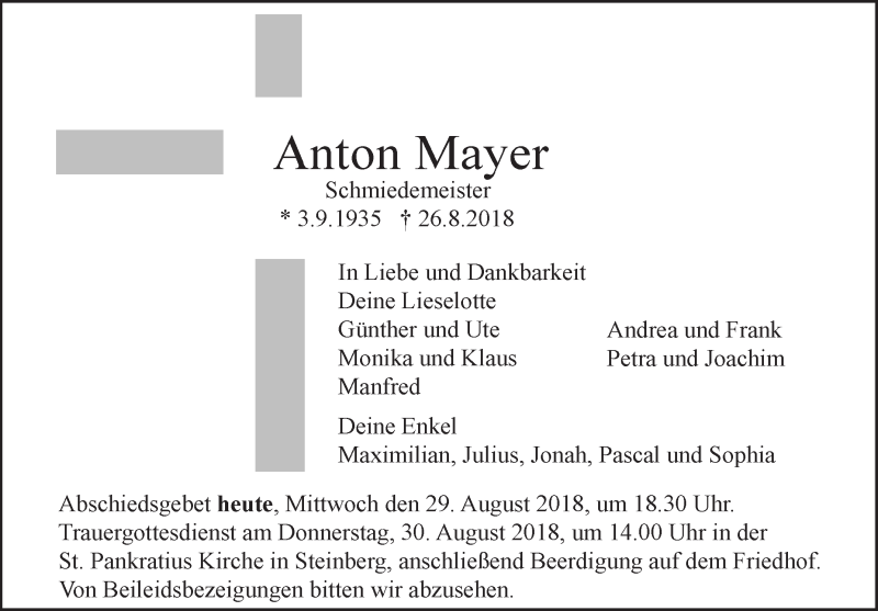  Traueranzeige für Anton Mayer vom 29.08.2018 aus SÜDWEST PRESSE Ausgabe Ulm/Neu-Ulm