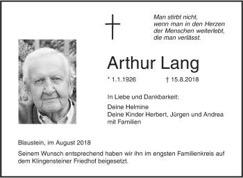 Traueranzeige von Arthur Lang von SÜDWEST PRESSE Ausgabe Ulm/Neu-Ulm