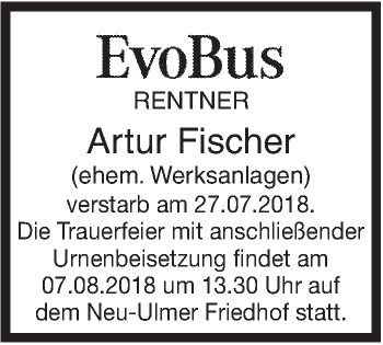 Traueranzeige von Artur Fischer von SÜDWEST PRESSE Ausgabe Ulm/Neu-Ulm
