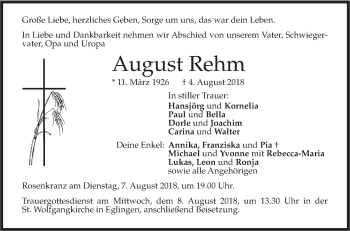 Traueranzeige von August Rehm von Alb-Bote/Metzinger-Uracher Volksblatt