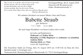 Traueranzeige von Babette Straub von SÜDWEST PRESSE Ausgabe Ulm/Neu-Ulm