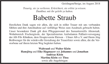 Traueranzeige von Babette Straub von Geislinger Zeitung