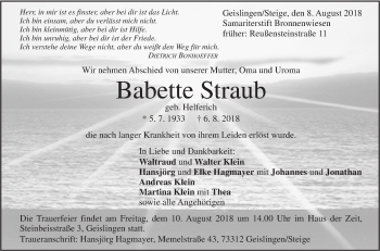 Traueranzeige von Babette Straub von Geislinger Zeitung