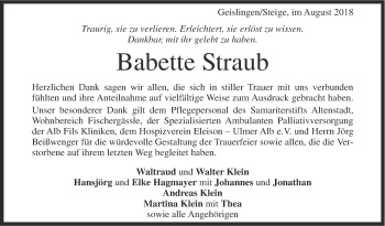 Traueranzeige von Babette Straub von SÜDWEST PRESSE Ausgabe Ulm/Neu-Ulm