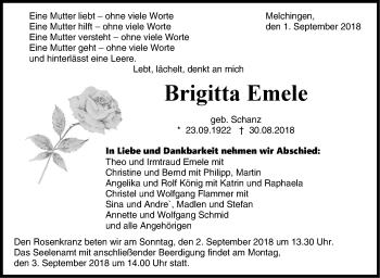 Traueranzeige von Brigitta Emele von Hohenzollerische Zeitung