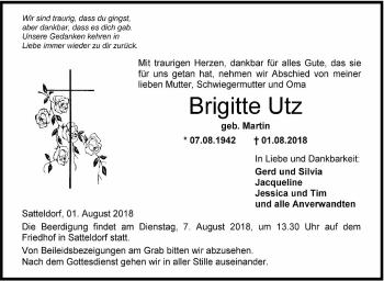 Traueranzeige von Brigitte Utz von Hohenloher Tagblatt