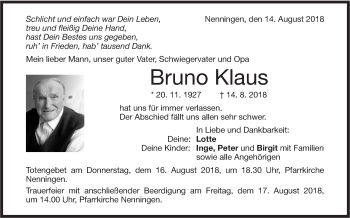 Traueranzeige von Bruno Klaus von NWZ Neue Württembergische Zeitung