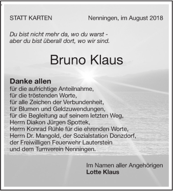 Traueranzeige von Bruno Klaus von NWZ Neue Württembergische Zeitung