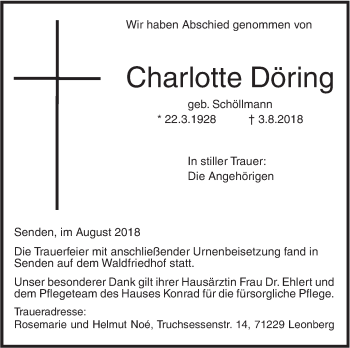 Traueranzeige von Charlotte Döring von SÜDWEST PRESSE Ausgabe Ulm/Neu-Ulm