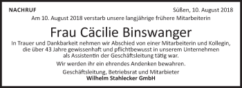 Traueranzeige von Cäcilie Binswanger von NWZ Neue Württembergische Zeitung