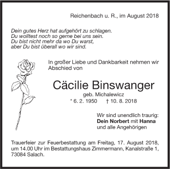 Traueranzeige von Cäcilie Binswanger von NWZ Neue Württembergische Zeitung