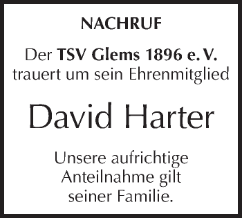 Traueranzeige von David Harter von Metzinger-Uracher Volksblatt