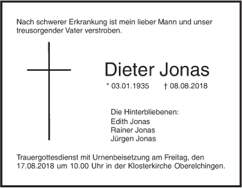 Traueranzeige von Dieter Jonas von SÜDWEST PRESSE Ausgabe Ulm/Neu-Ulm