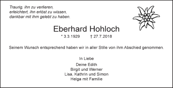 Traueranzeige von Eberhard Hohloch von SÜDWEST PRESSE Ausgabe Ulm/Neu-Ulm