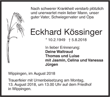 Traueranzeige von Eckhard Kössinger von SÜDWEST PRESSE Ausgabe Ulm/Neu-Ulm