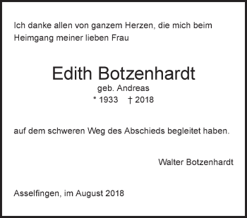 Traueranzeige von Edith Botzenhardt von SÜDWEST PRESSE Ausgabe Ulm/Neu-Ulm