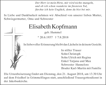 Traueranzeige von Elisabeth Kopfmann von SÜDWEST PRESSE Ausgabe Ulm/Neu-Ulm