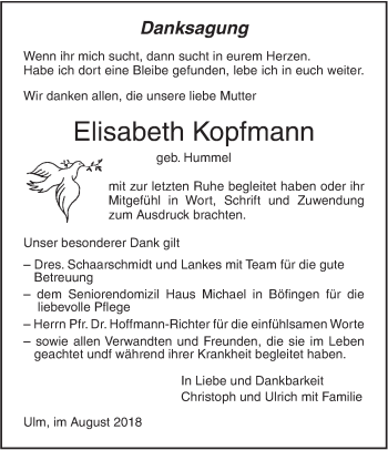 Traueranzeige von Elisabeth Kopfmann von SÜDWEST PRESSE Ausgabe Ulm/Neu-Ulm