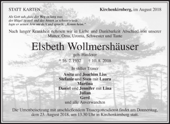 Traueranzeige von Elsbeth Wollmershäuse von Rundschau Gaildorf