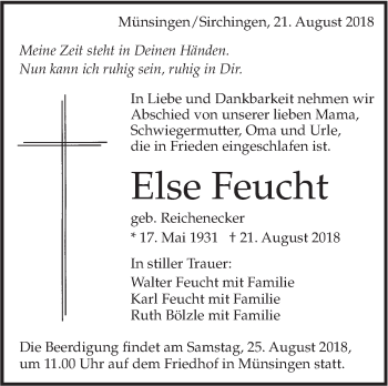 Traueranzeige von Else Feucht von Alb-Bote/Metzinger-Uracher Volksblatt