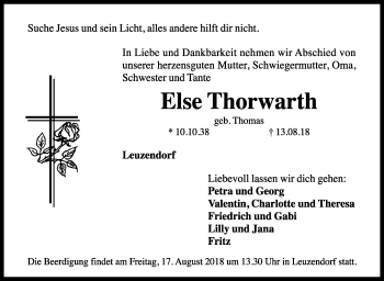 Traueranzeige von Else Thorwarth von Hohenloher Tagblatt