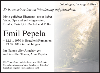 Traueranzeige von Emil Pepela von SÜDWEST PRESSE Ausgabe Ulm/Neu-Ulm