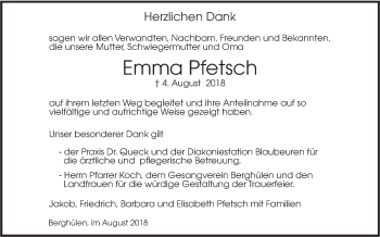 Traueranzeige von Emma Pfetsch von SÜDWEST PRESSE Ausgabe Ulm/Neu-Ulm