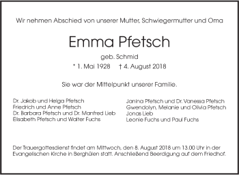 Traueranzeige von Emma Pfetsch von SÜDWEST PRESSE Ausgabe Ulm/Neu-Ulm